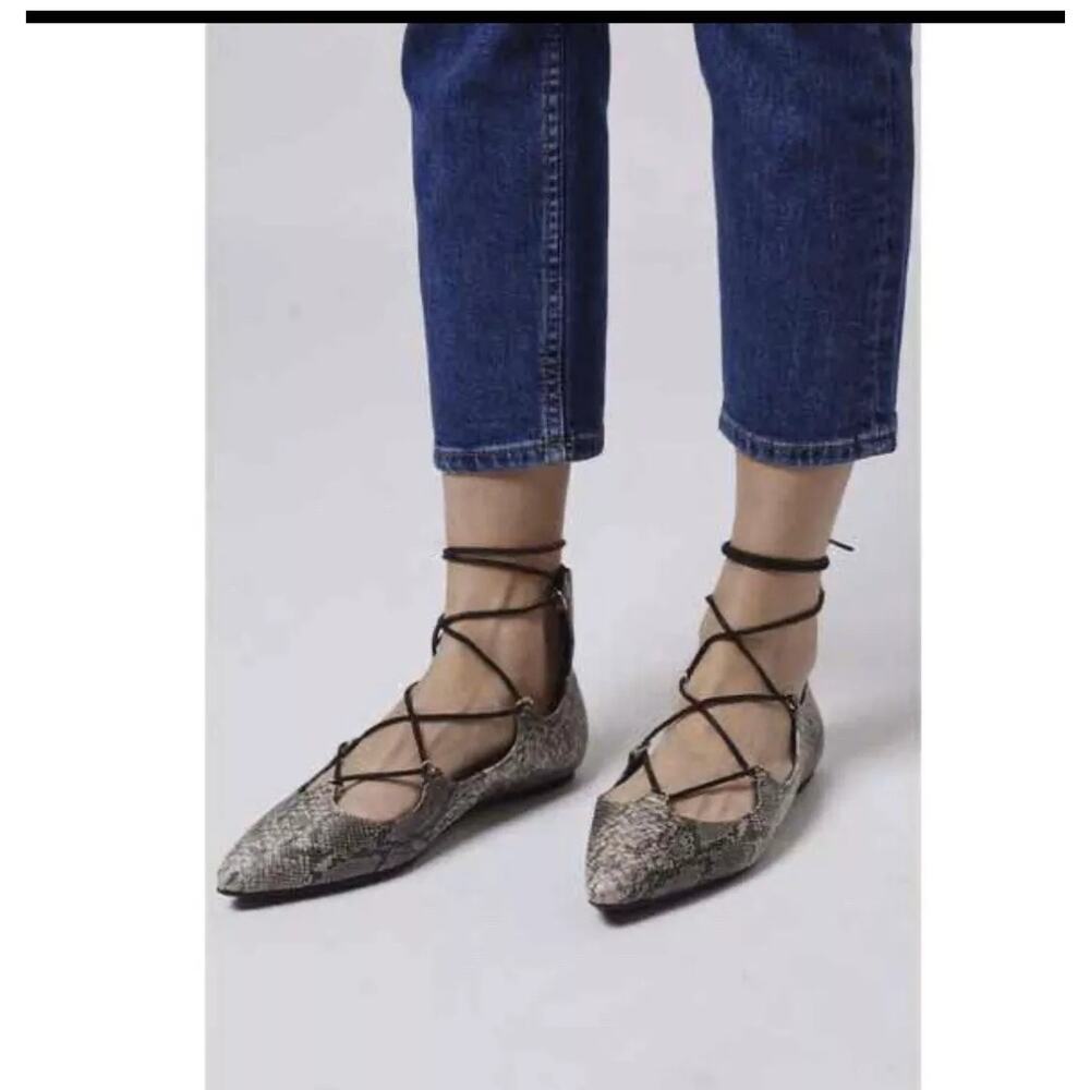 TOPSHOP Womens Kingdom Ghillie Gladiator Flats 8 Pointed‎ Snakeskin Faux Leather